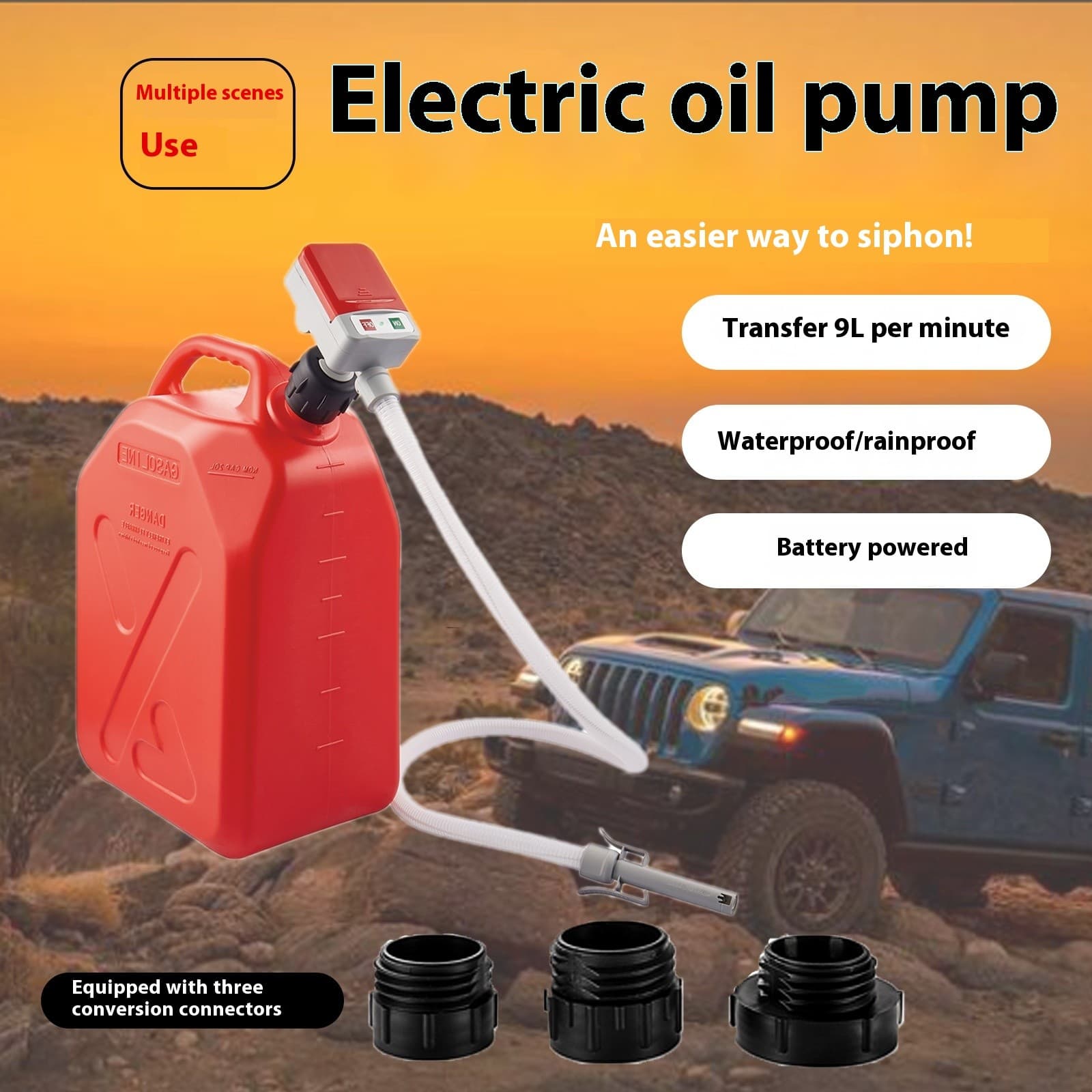 Pomp op jerrycan in gebruik, 9 L/min, 3 adapters, outdoor